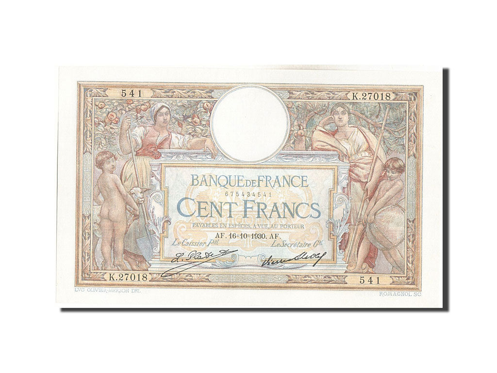Billete, Francia, 100 Francs, 100 F 1908-1939 ''Luc Olivier Merson'', 1930