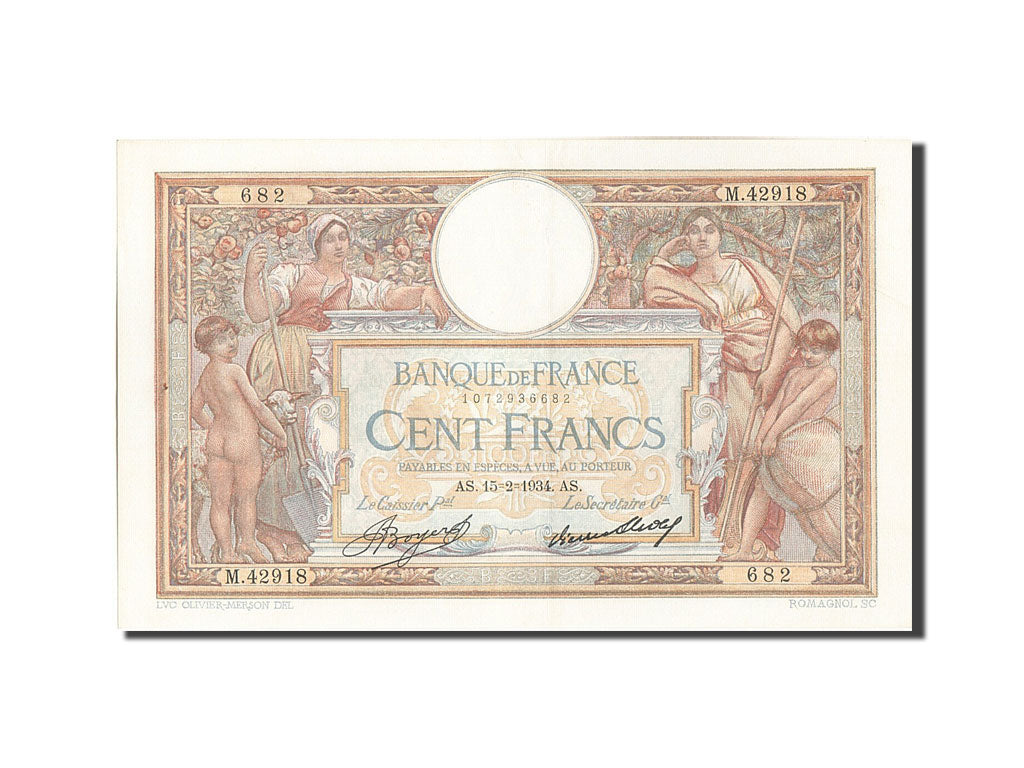 Billete, Francia, 100 Francs, 100 F 1908-1939 ''Luc Olivier Merson'', 1934