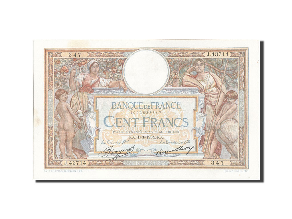 Banknot, Francja, 100 Francs, Luc Olivier Merson, 1934, 1934-03-01, AU(55-58)