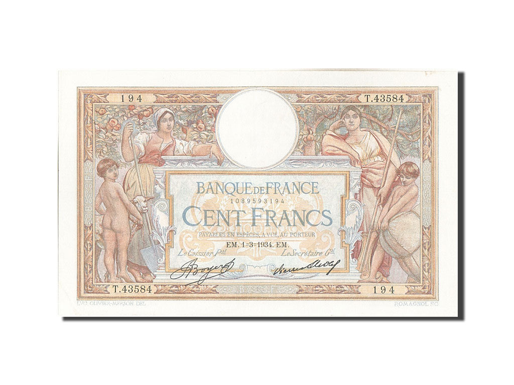 Billet, France, 100 Francs, 100 F 1908-1939 ''Luc Olivier Merson'', 1934