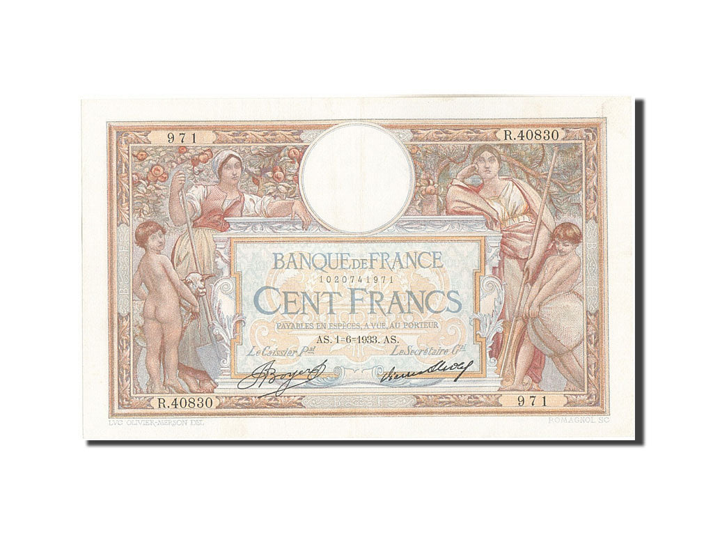 Banknot, Francja, 100 Francs, Luc Olivier Merson, 1933, 1933-06-01, AU(55-58)