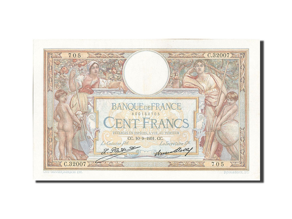 Banconote, Francia, 100 Francs, 100 F 1908-1939 ''Luc Olivier Merson'', 1931