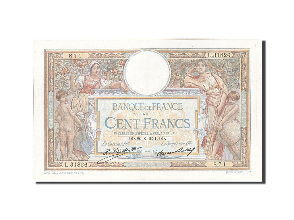 Banconote, Francia, 100 Francs, 100 F 1908-1939 ''Luc Olivier Merson'', 1931