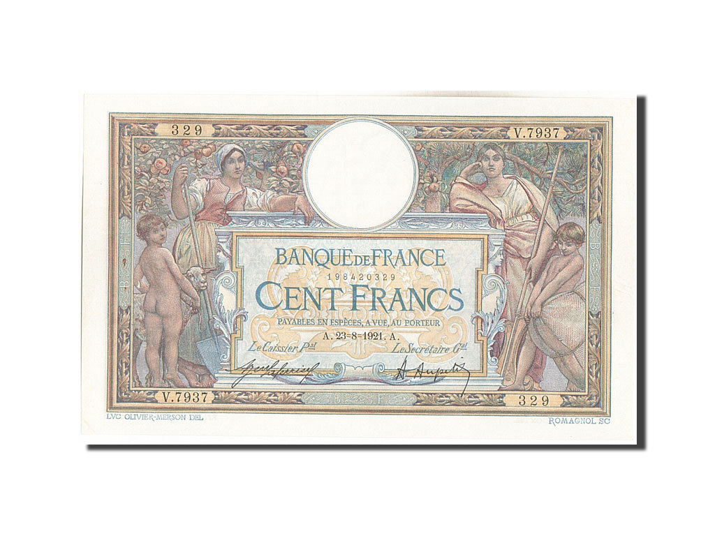 Banconote, Francia, 100 Francs, 100 F 1908-1939 ''Luc Olivier Merson'', 1921