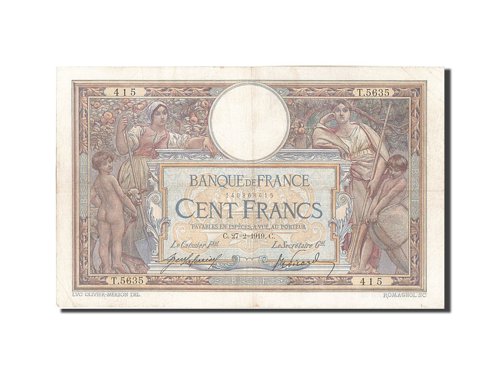 Banconote, Francia, 100 Francs, 100 F 1908-1939 ''Luc Olivier Merson'', 1919