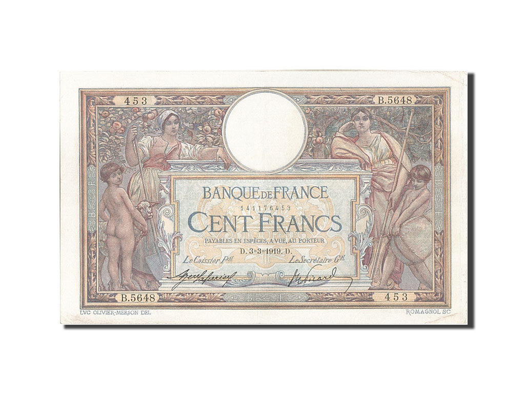 Banconote, Francia, 100 Francs, 100 F 1908-1939 ''Luc Olivier Merson'', 1919