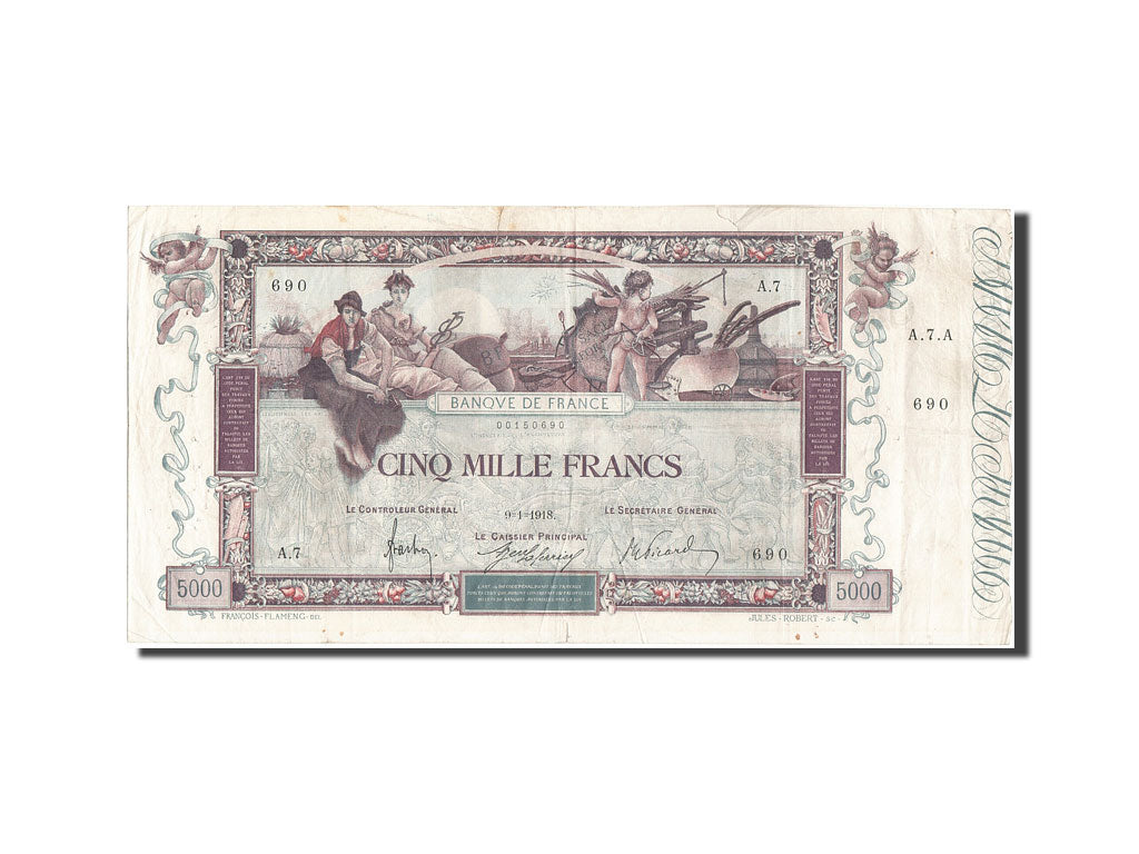 France, 5000 Francs, Flameng, 1918-01-09, A.7, VF 20, PMG