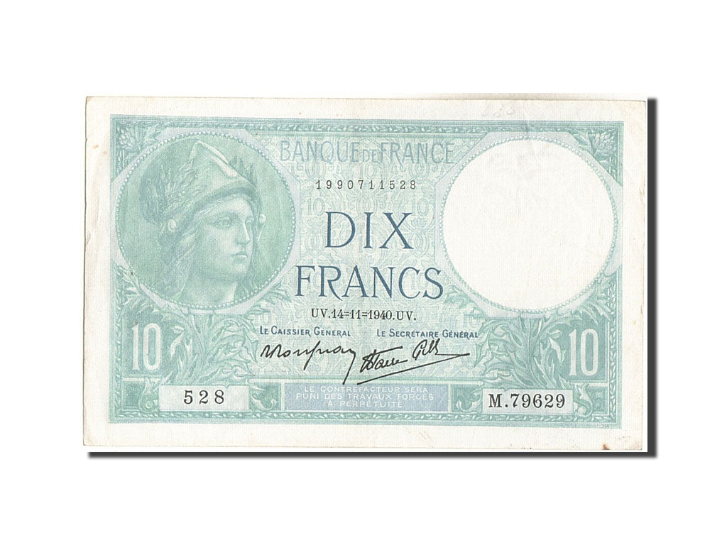 Banknot, Francja, 10 Francs, Minerve, 1940, 1940-11-14, EF(40-45), Fayette:7.20