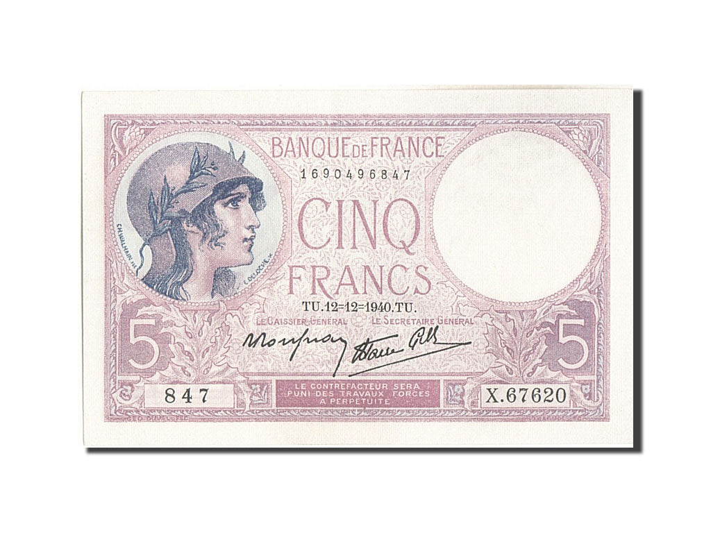 Banknote, France, 5 Francs, 5 F 1917-1940 ''Violet'', 1940, 1940-12-12, UNC(63)
