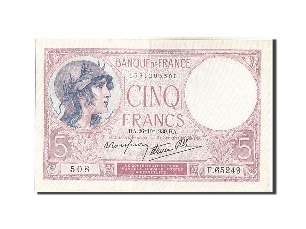 Banknote, France, 5 Francs, 5 F 1917-1940 ''Violet'', 1939, 1939-10-26, UNC(63)