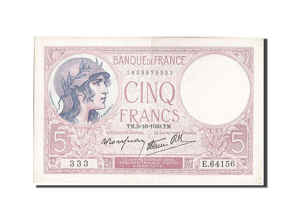 Banknot, Francja, 5 Francs, Violet, 1939, 1939-10-05, AU(55-58), Fayette:4.11