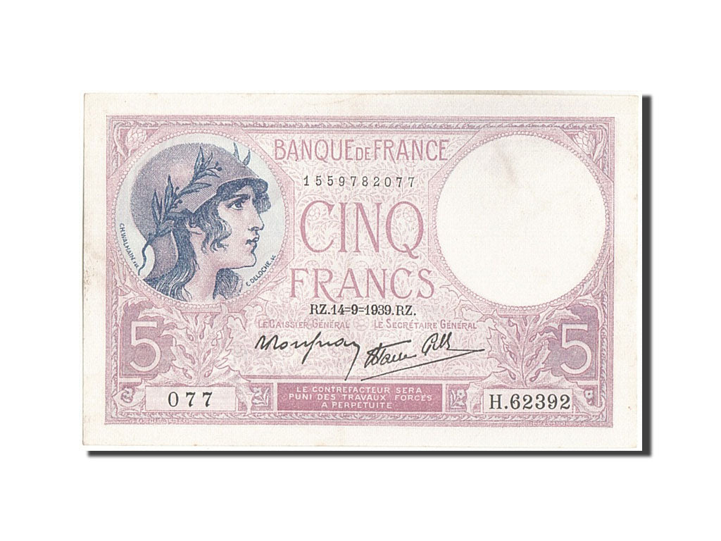 Banknot, Francja, 5 Francs, Violet, 1939, 1939-09-14, AU(55-58), Fayette:4.8