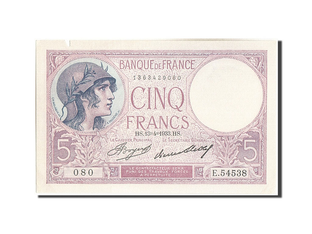 Banknot, Francja, 5 Francs, Violet, 1933, 1933-04-13, AU(50-53), Fayette:3.17