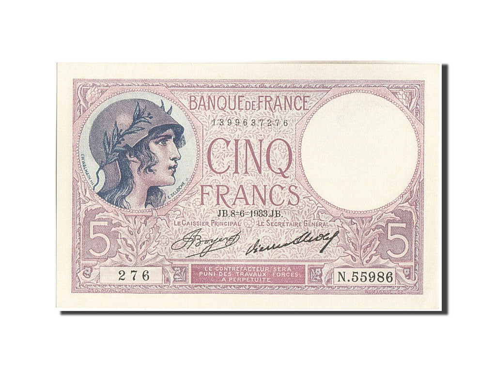 Banknote, France, 5 Francs, 5 F 1917-1940 ''Violet'', 1933, 1933-06-08, UNC(63)
