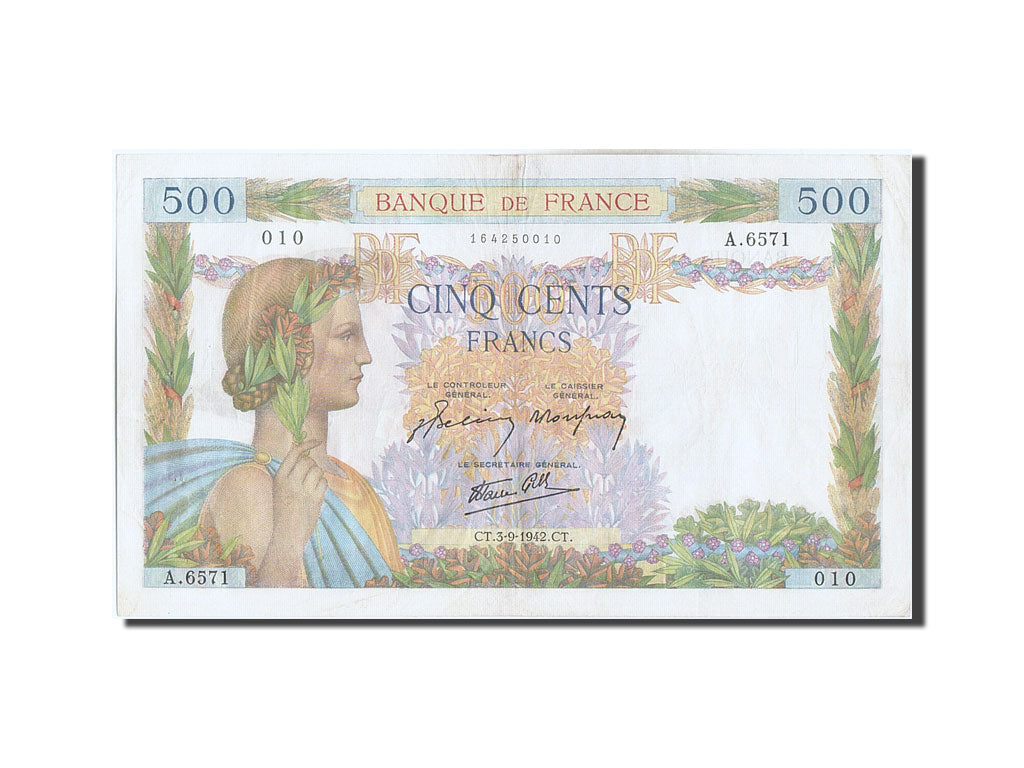 Biljet, Frankrijk, 500 Francs, 500 F 1940-1944 ''La Paix'', 1942, 1942-09-03