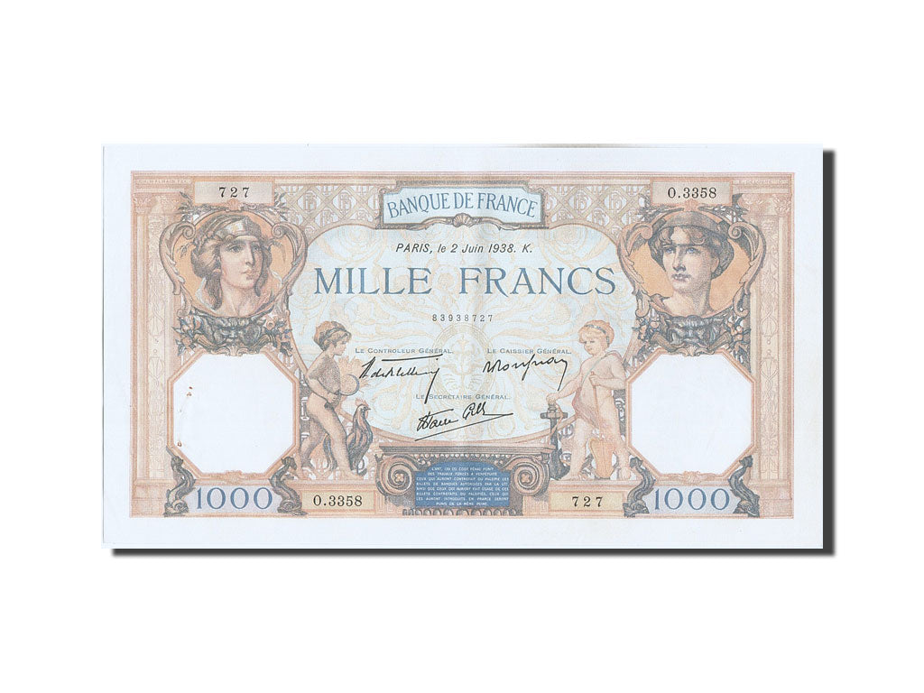 Banknote, France, 1000 Francs, 1 000 F 1927-1940 ''Cérès et Mercure'', 1938