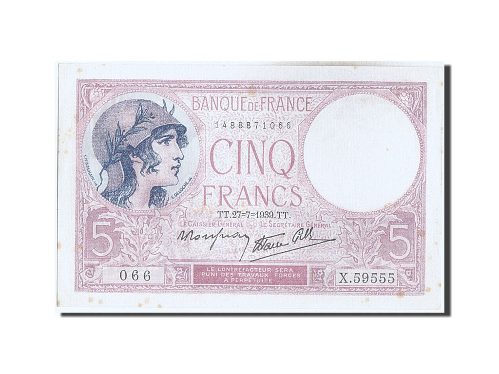 Banknote, France, 5 Francs, 5 F 1917-1940 ''Violet'', 1939, 1939-07-27