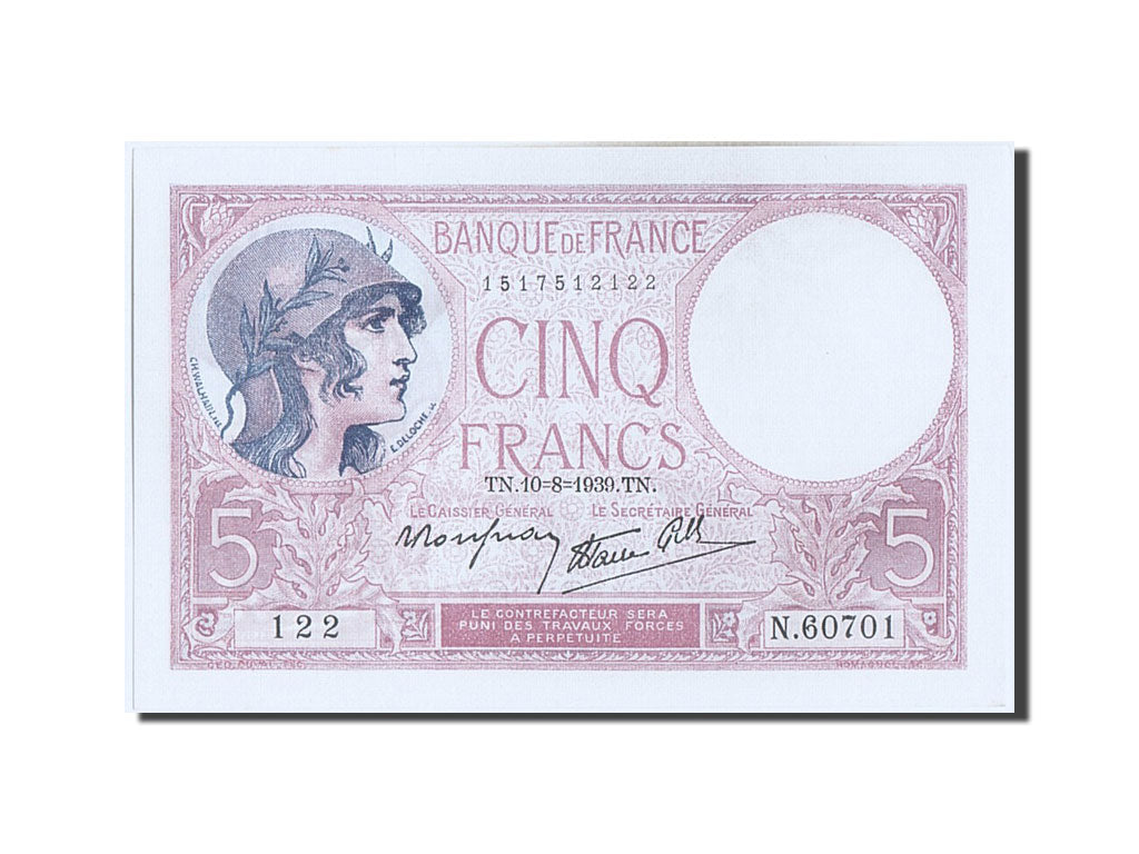 Banknote, France, 5 Francs, 5 F 1917-1940 ''Violet'', 1939, UNC(65-70)