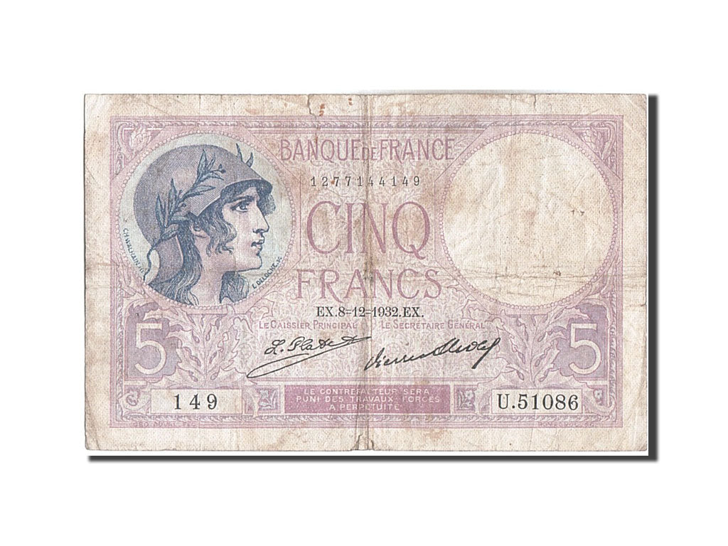 Banknote, France, 5 Francs, 5 F 1917-1940 ''Violet'', 1932, 1932-12-08