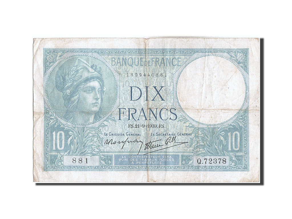 Banconote, Francia, 10 Francs, 10 F 1916-1942 ''Minerve'', 1939, 1939-09-21, MB