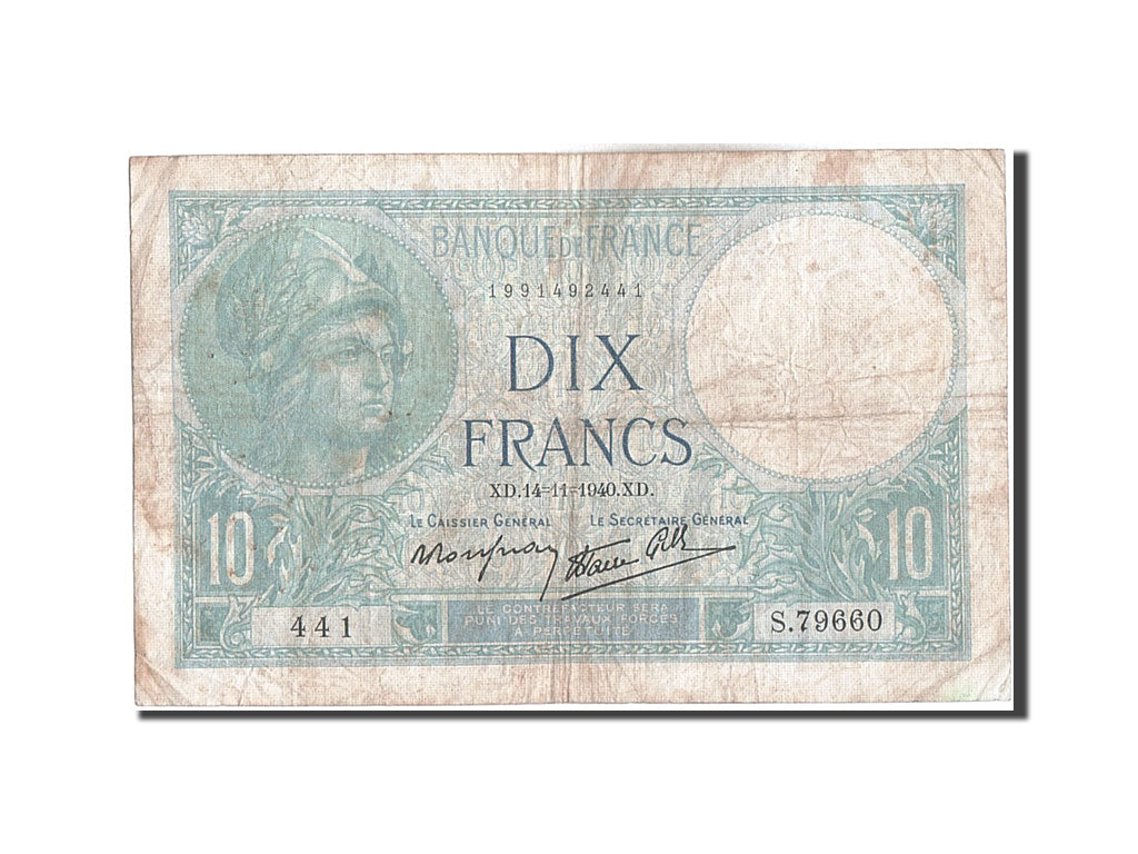 Banknot, Francja, 10 Francs, Minerve, 1940, 1940-11-14, VF(20-25), Fayette:7.20