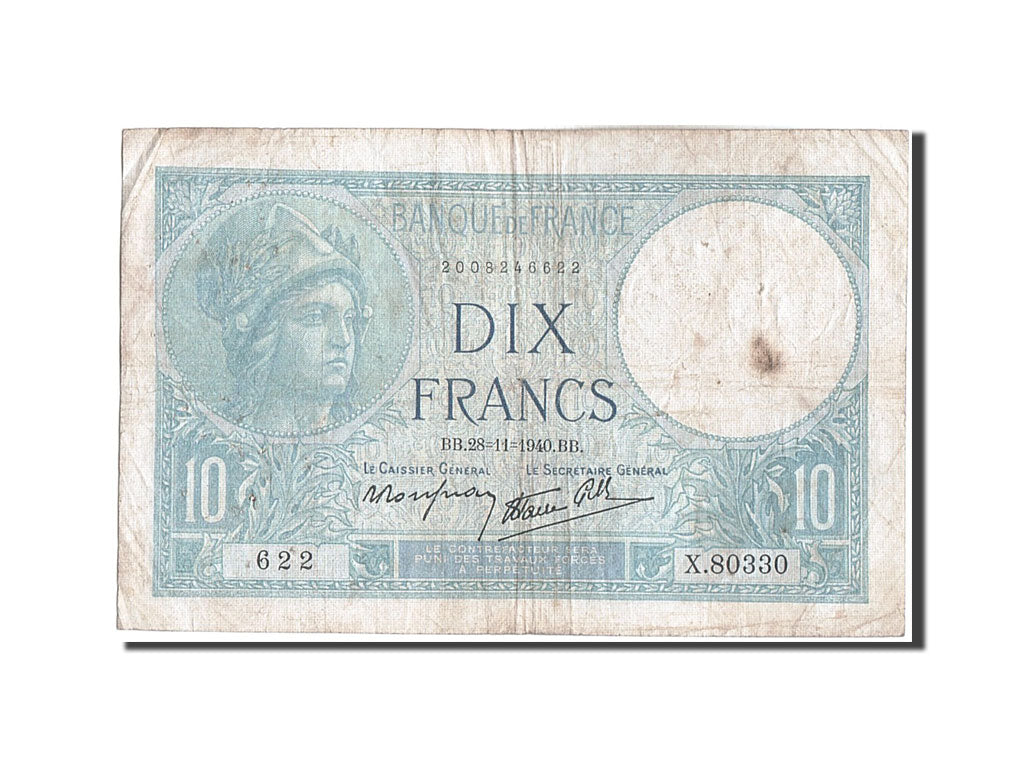 Geldschein, Frankreich, 10 Francs, 10 F 1916-1942 ''Minerve'', 1940, 1940-11-28