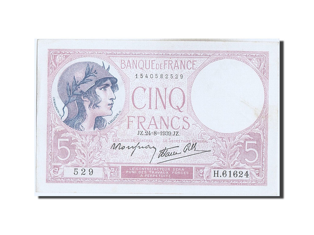 Banknote, France, 5 Francs, 5 F 1917-1940 ''Violet'', 1939, UNC(60-62)