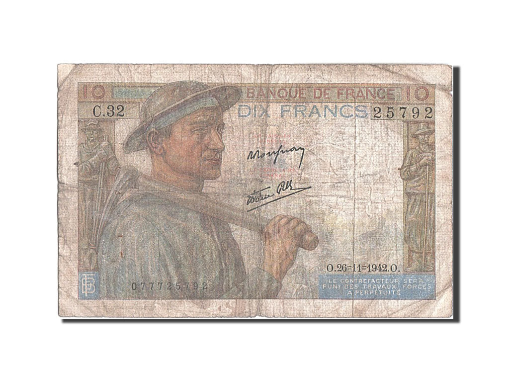 Banknote, France, 10 Francs, 10 F 1941-1949 ''Mineur'', 1942, 1942-11-26