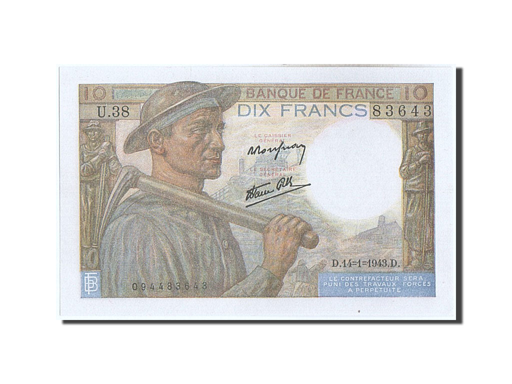 Banconote, Francia, 10 Francs, 10 F 1941-1949 ''Mineur'', 1943, 1943-01-14