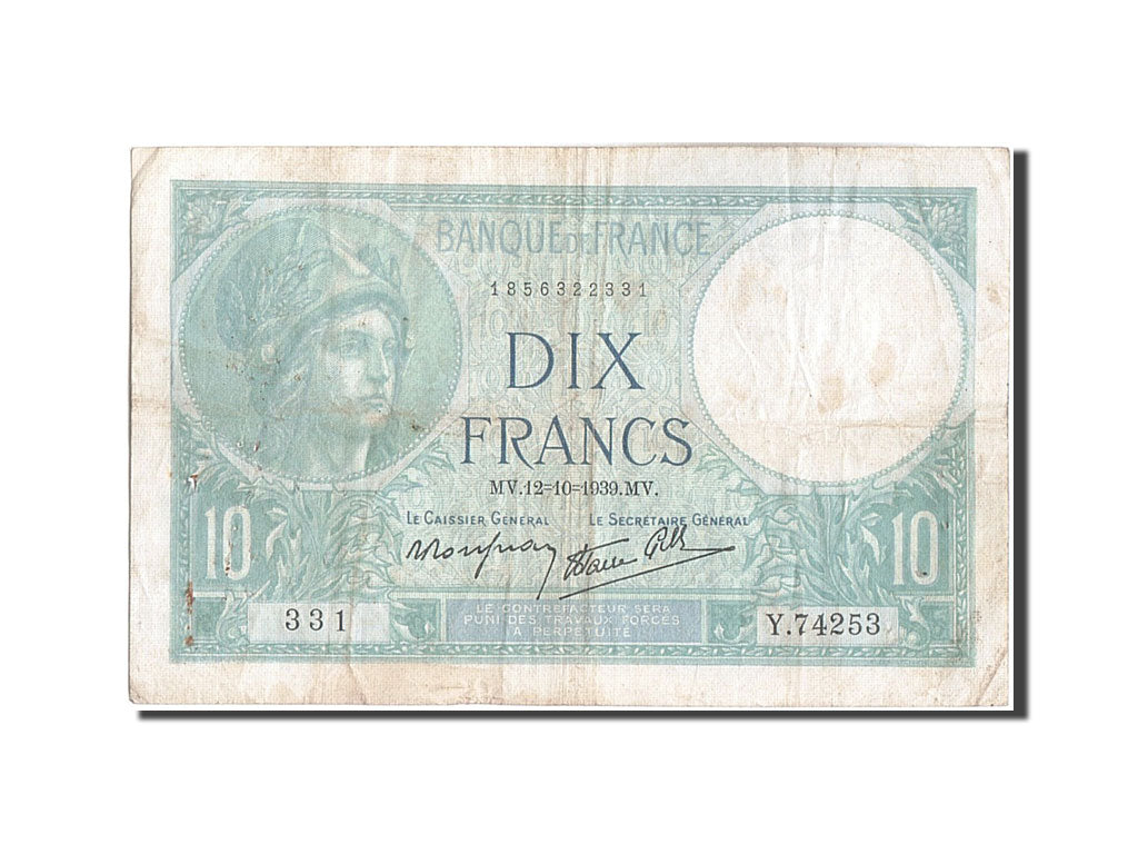 Banknote, France, 10 Francs, 10 F 1916-1942 ''Minerve'', 1939, 1939-10-12