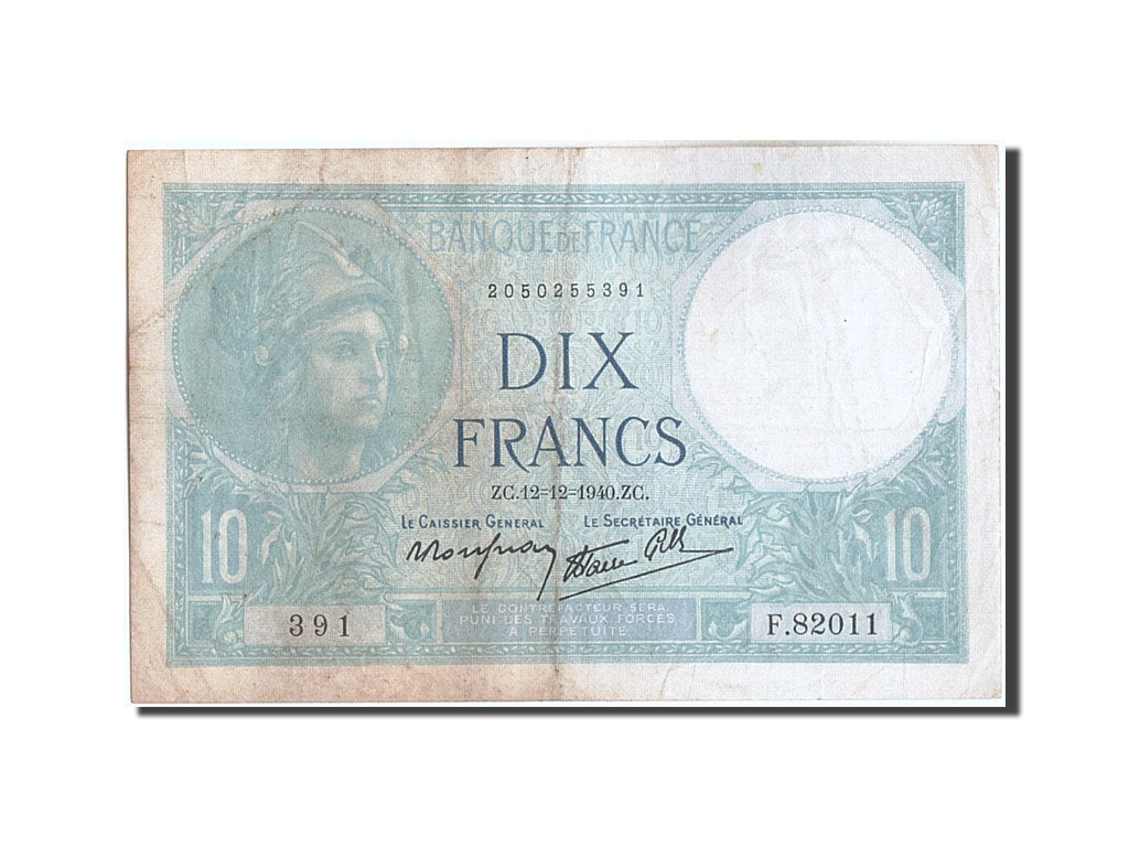 Billete, Francia, 10 Francs, 10 F 1916-1942 ''Minerve'', 1940, 1940-12-12, BC