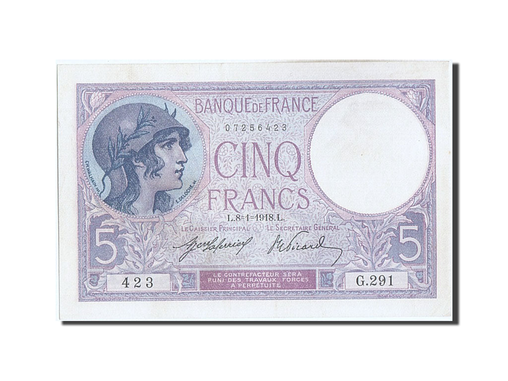 Banknote, France, 5 Francs, 5 F 1917-1940 ''Violet'', 1918, 1918-01-08, UNC(63)