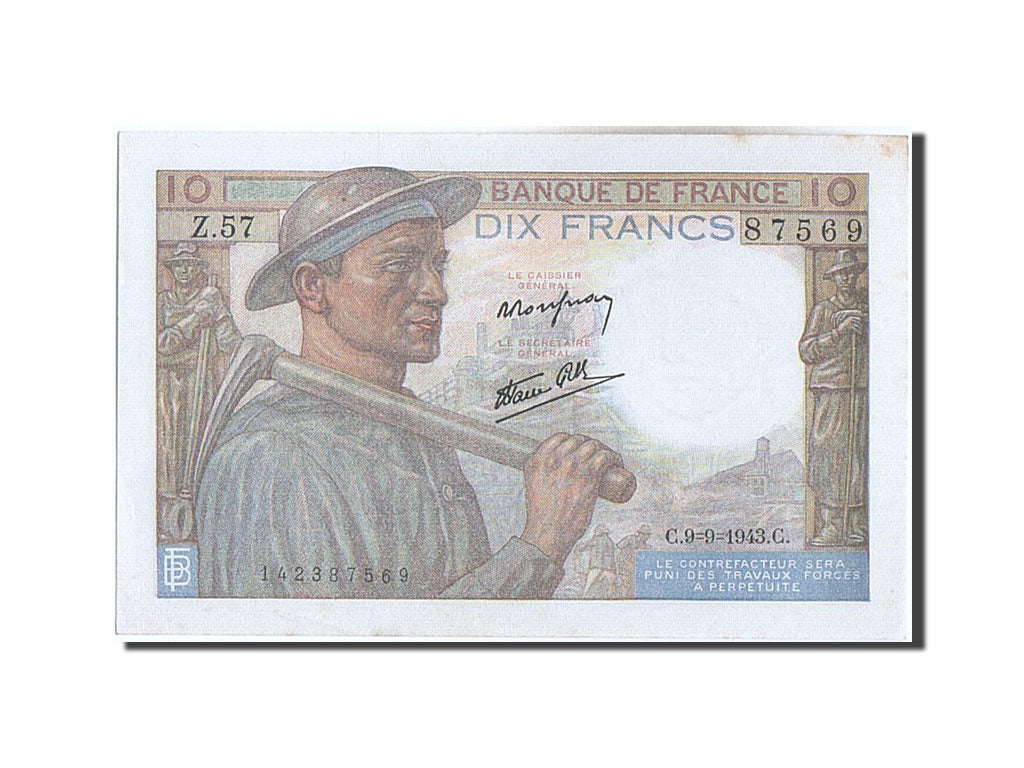 Banconote, Francia, 20 Francs, 10 F 1941-1949 ''Mineur'', 1943, 1943-09-09, SPL