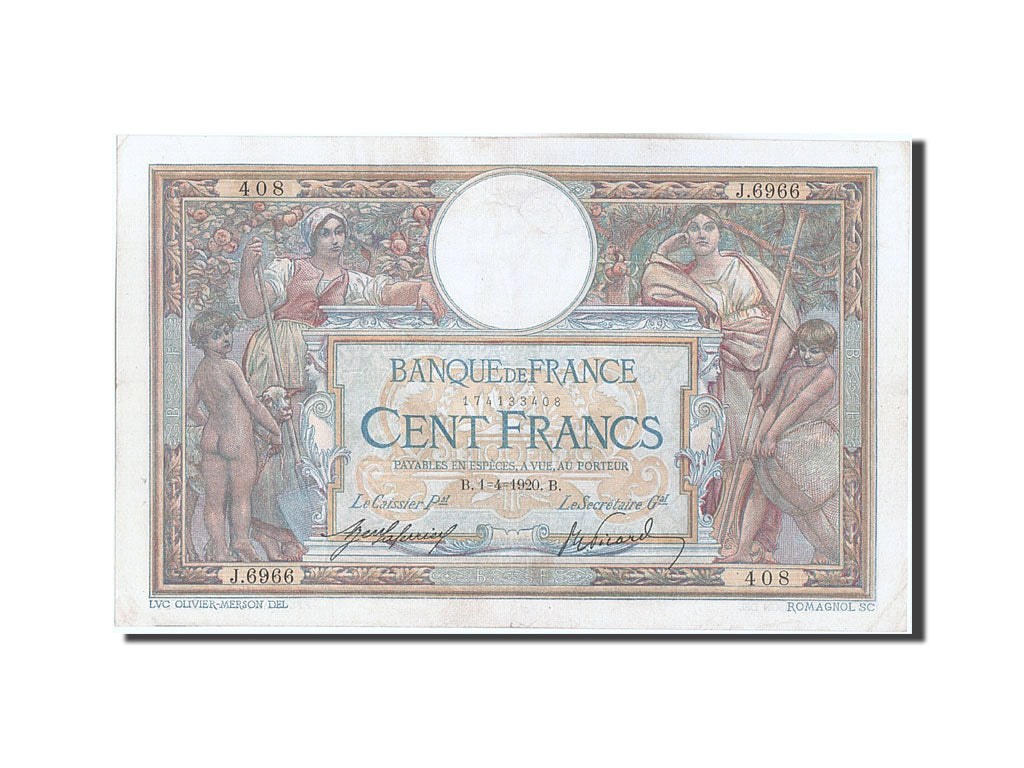Banconote, Francia, 100 Francs, 100 F 1908-1939 ''Luc Olivier Merson'', 1920