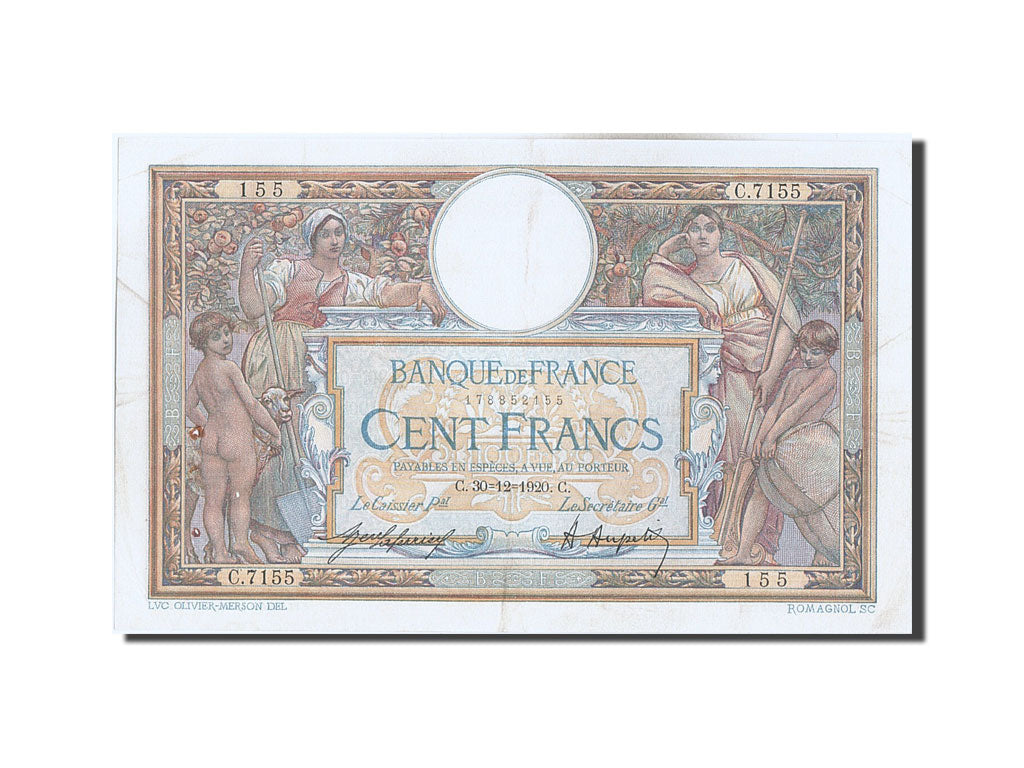 Banknote, France, 100 Francs, 100 F 1908-1939 ''Luc Olivier Merson'', 1920