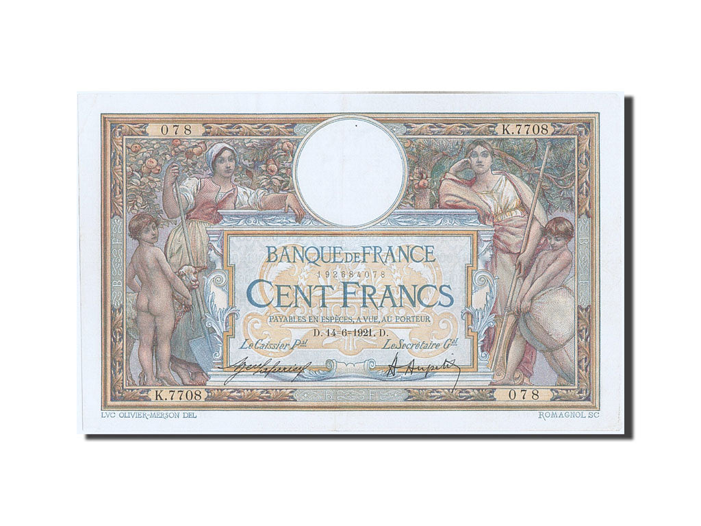 Banknote, France, 100 Francs, 100 F 1908-1939 ''Luc Olivier Merson'', 1921