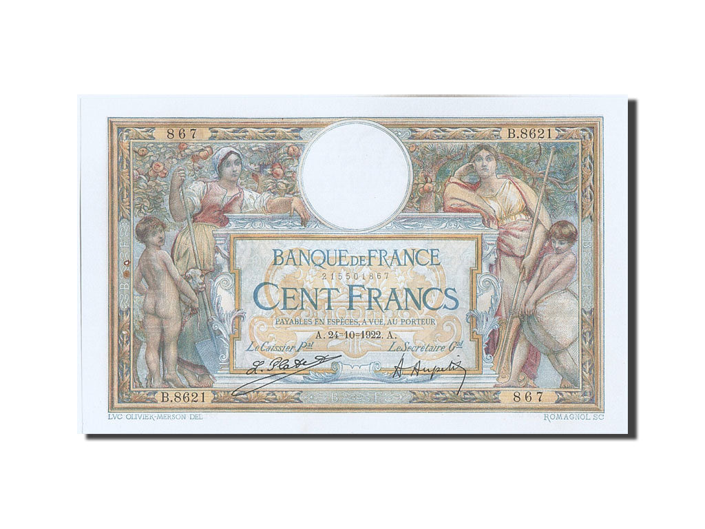 Banconote, Francia, 100 Francs, 100 F 1908-1939 ''Luc Olivier Merson'', 1922
