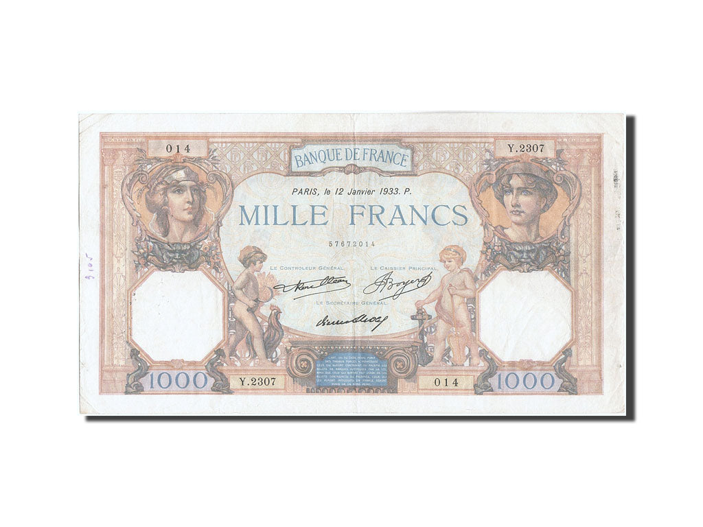 Banknot, Francja, 1000 Francs, Cérès et Mercure, 1933, 1933-01-12, VF(30-35)