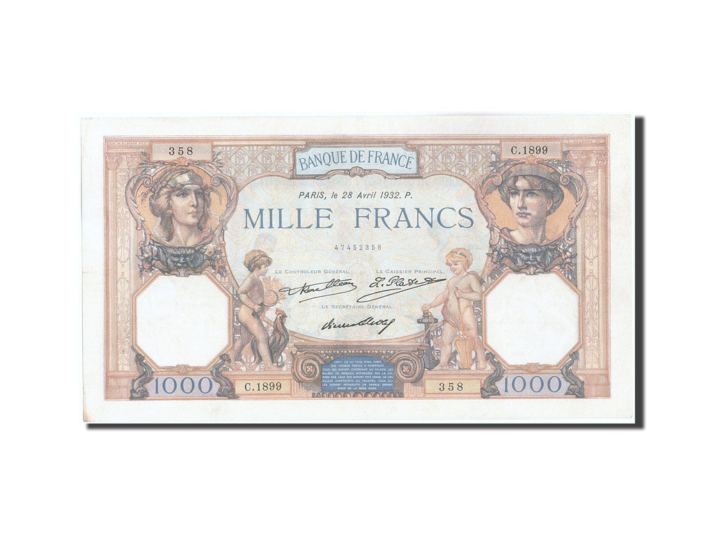 Banknot, Francja, 1000 Francs, Cérès et Mercure, 1932, 1932-04-28, AU(50-53)