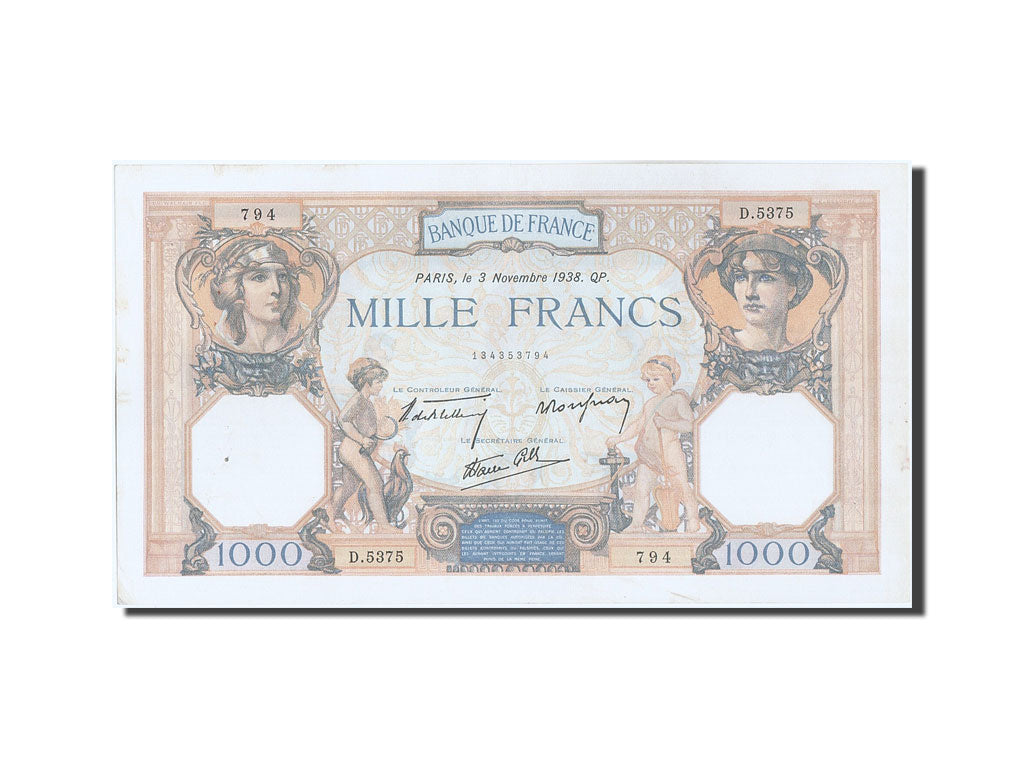 Banknote, France, 1000 Francs, 1 000 F 1927-1940 ''Cérès et Mercure'', 1938