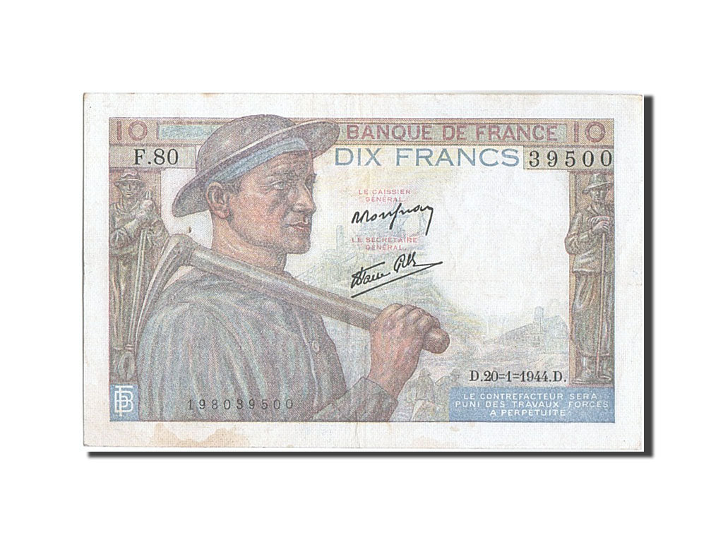 Banknot, Francja, 10 Francs, Mineur, 1944, 1944-01-20, EF(40-45), Fayette:8.11