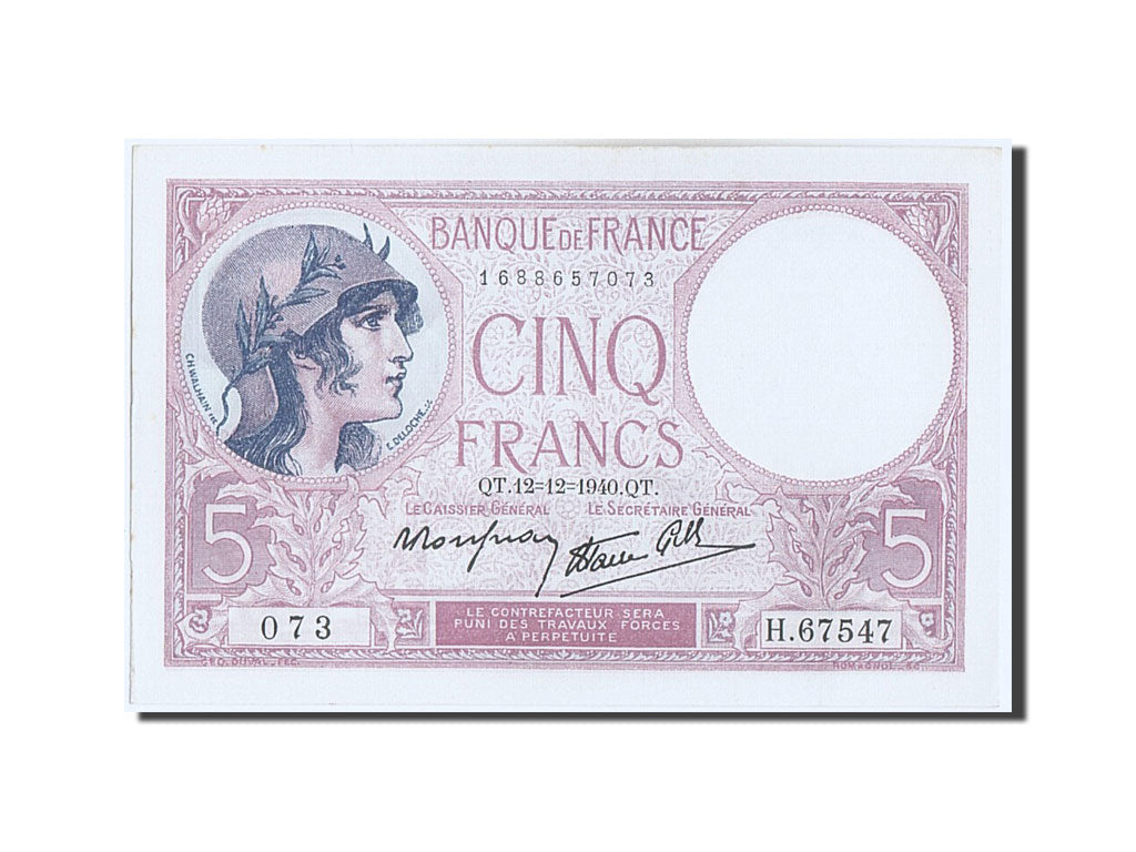 Banknote, France, 5 Francs, 5 F 1917-1940 ''Violet'', 1940, 1940-12-12