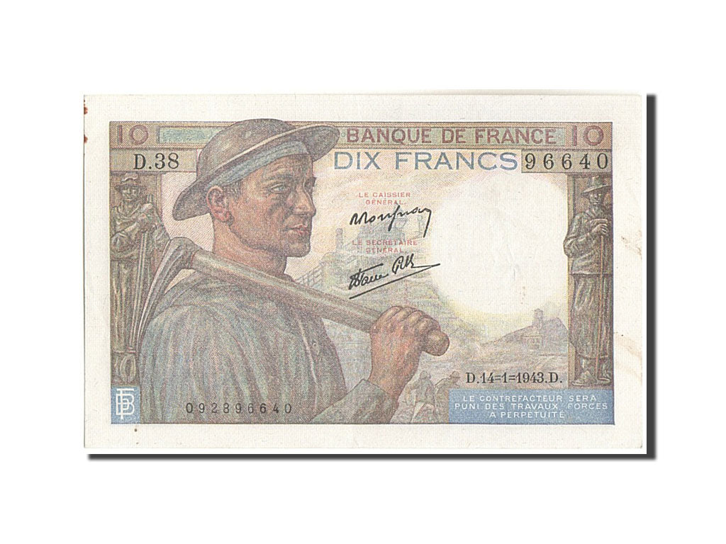 Billete, Francia, 10 Francs, 10 F 1941-1949 ''Mineur'', 1943, 1943-01-14, MBC+