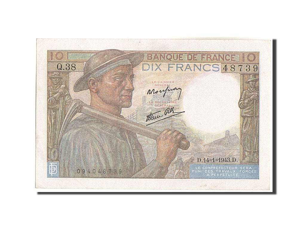 Billete, Francia, 10 Francs, 10 F 1941-1949 ''Mineur'', 1943, 1943-01-14, EBC