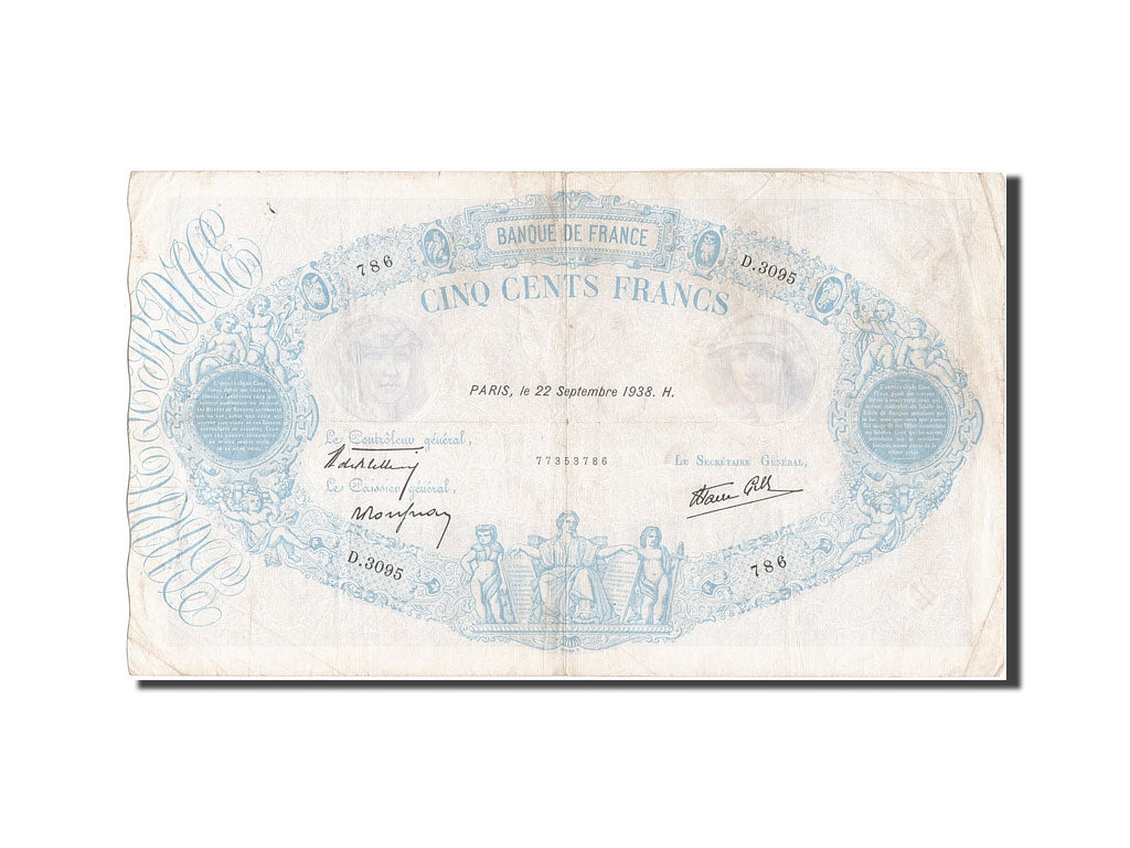 Banconote, Francia, 500 Francs, 500 F 1888-1940 ''Bleu et Rose'', 1938