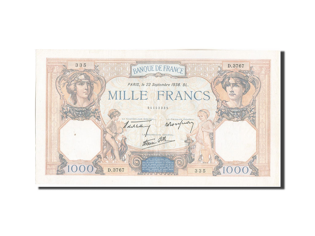 Biljet, Frankrijk, 1000 Francs, 1 000 F 1927-1940 ''Cérès et Mercure'', 1938