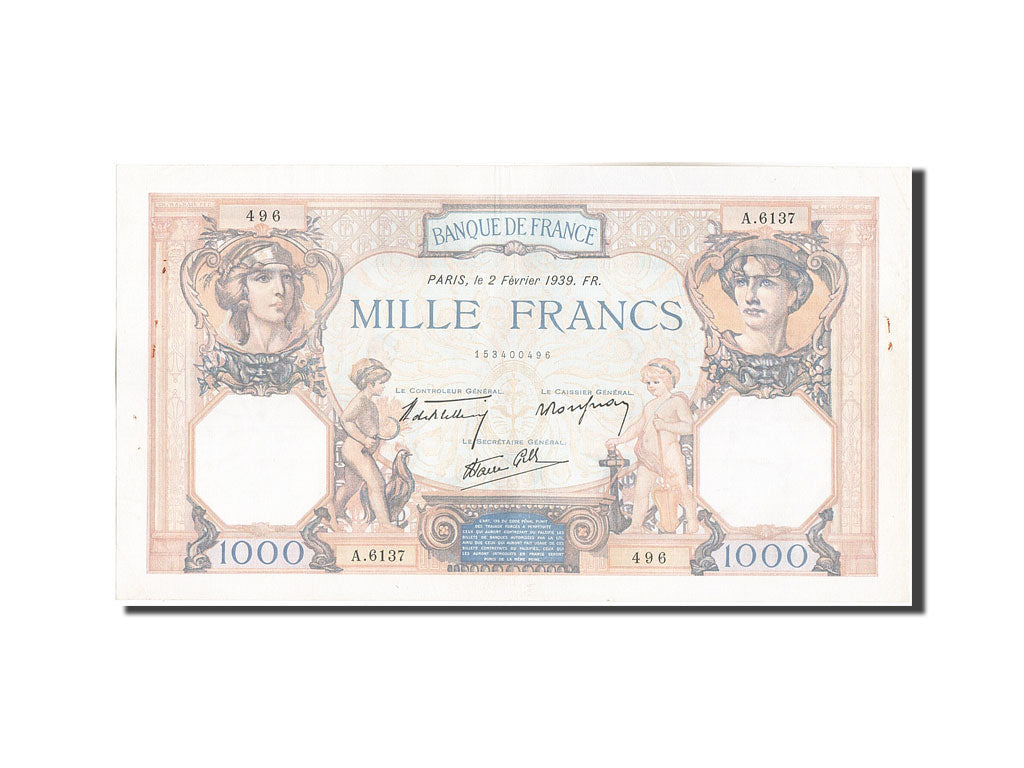 Banknot, Francja, 1000 Francs, Cérès et Mercure, 1939, 1939-02-02, AU(50-53)