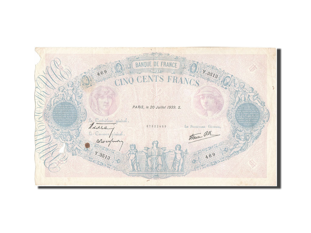 Banknot, Francja, 500 Francs, Bleu et Rose, 1939, 1939-07-20, VF(30-35)