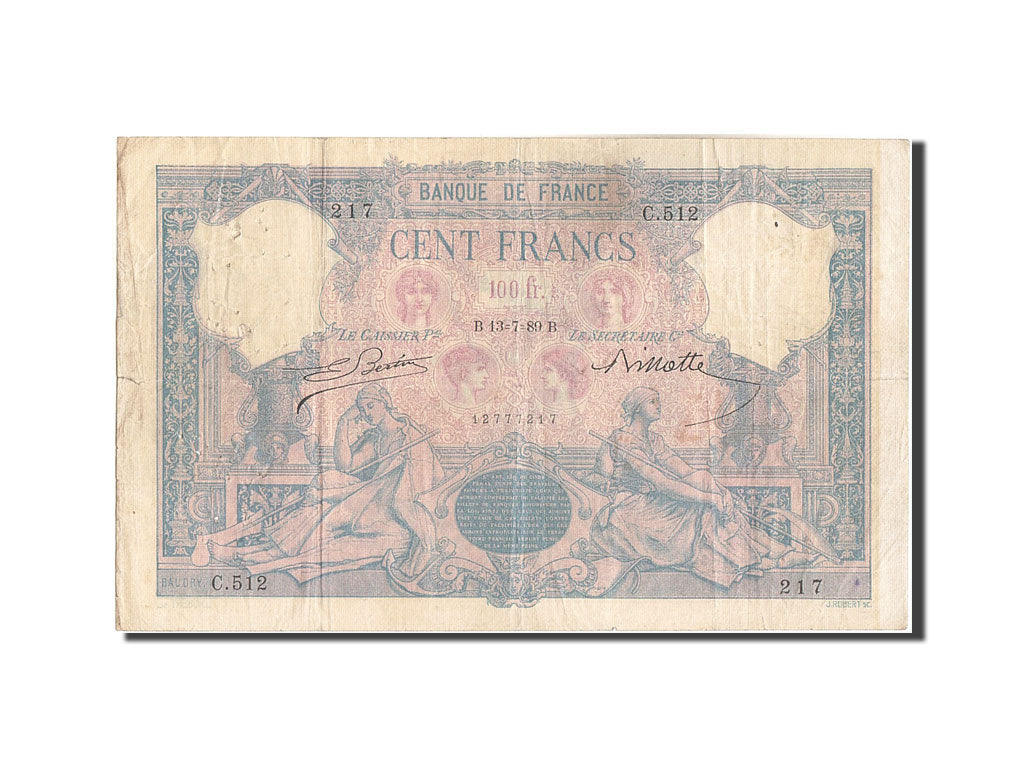 Billete, Francia, 100 Francs, 100 F 1888-1909 ''Bleu et Rose'', 1889