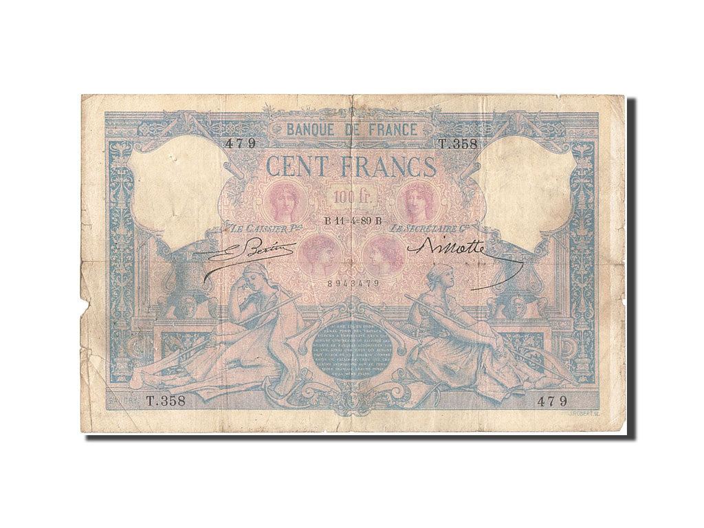 Banconote, Francia, 100 Francs, 100 F 1888-1909 ''Bleu et Rose'', 1889